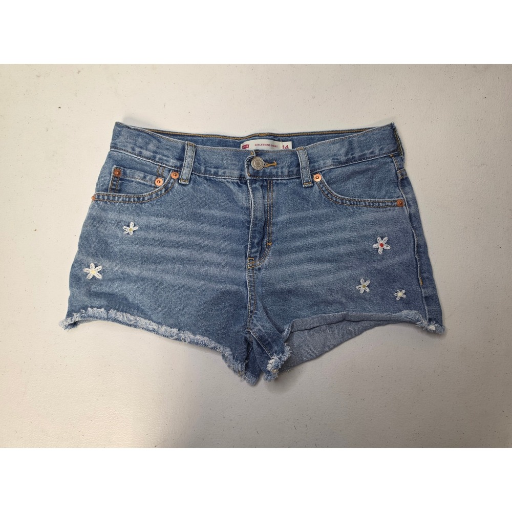 Levis Girls 14 Girlfriend Shorts Medium Wash Daisy Embroidered Frayed Hem Denim